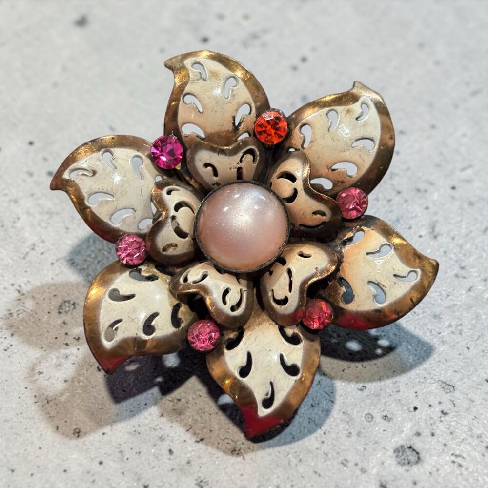 Vintage Pink Rhinestone Flower Brooch Huge Layered Enamel Petal Statement Pin